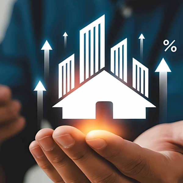 A businessman is analyzing the growth of real estate investments using his smartphone and laptop which displays rising trends and financial progress in property markets